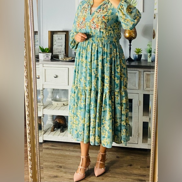 Teal Floral V-Neck Maxi Dress with Embroidered Bodice - Picture 7 of 9